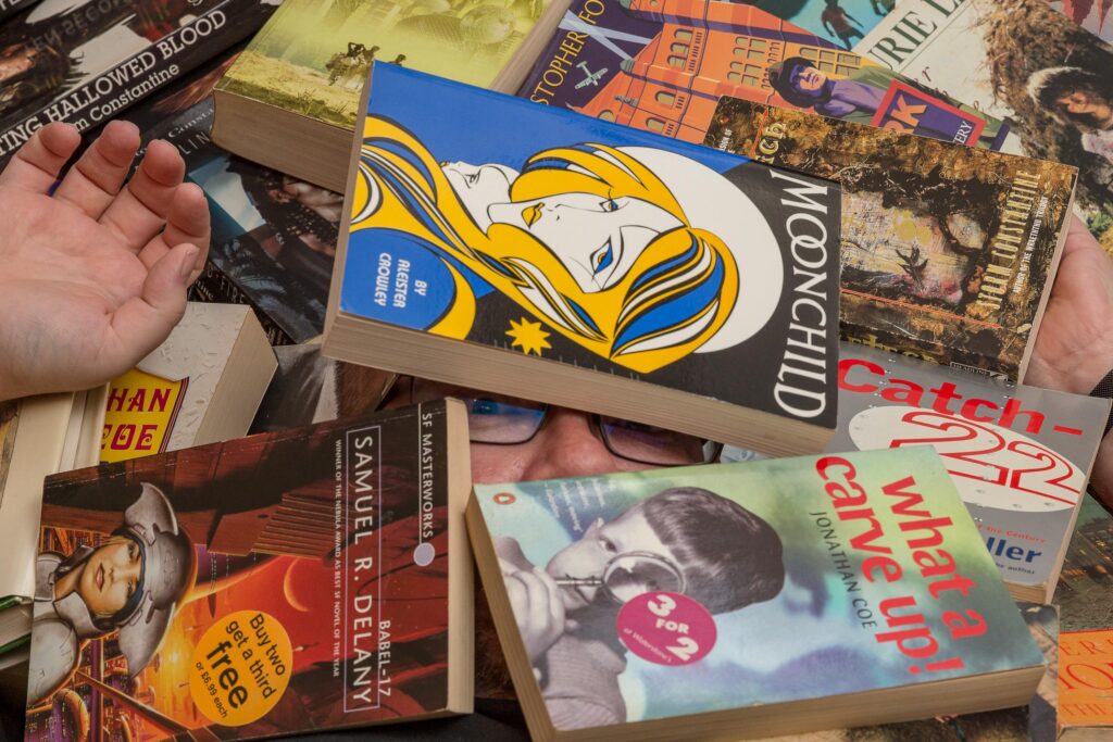 Piled with books