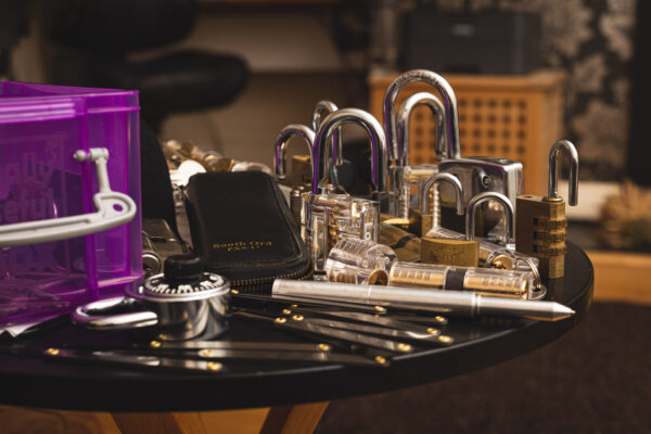 Padlocks and lock-picking tools.